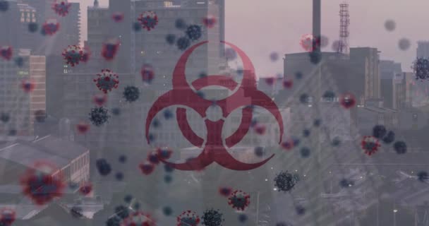 Biológiai Veszély Vírussejtek Animációja Városkép Felett Globális Egészségügyi Gyógyászati Gazdasági — Stock videók