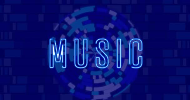 Animation Blue Music Neon Text Blue Spinning Circles Parti Ünnepség — Stock videók