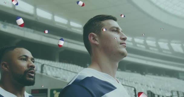 Animacja Różnych Mężczyzn Rugby Graczy Kulkami Rugby Flagą Francji Nad — Wideo stockowe
