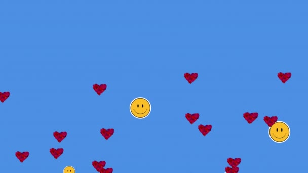 Animacja Serc Uśmiechniętych Twarzy Unoszących Się Niebieskim Tle Miłość Relacje — Wideo stockowe