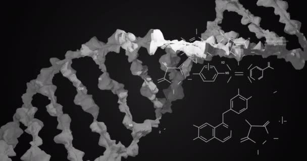 黒の背景に回転するDna鎖上の化学構造のアニメーション グローバル科学 データ処理の概念デジタル生成されたビデオ — ストック動画