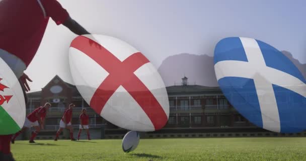 Animation Diverse Male Rugby Players Rugby Balls National Flags Stadium — Stock Video