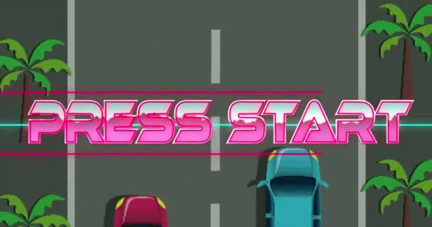 背景に車のレースゲームで画面上のプレススタートテキストのアニメーション ヴィンテージビデオゲーム パターンと動きのコンセプトデジタル生成されたビデオ — ストック動画