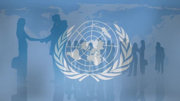 Animación Bandera Las Naciones Unidas Sobre Mapa Mundial Los Empresarios — Vídeo de stock