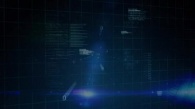 Tarama kapsamı üzerinde veri işleme animasyonu karanlık arka planda. küresel bağlantı, teknoloji, veri işleme ve dijital arayüz kavramı dijital olarak oluşturulmuş video.