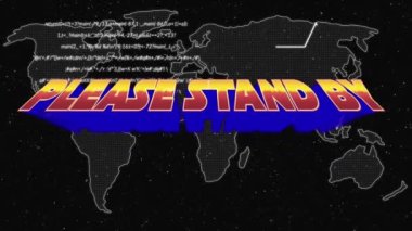 Lütfen dünya haritası ve siyah arkaplan üzerindeki veri işlemesi için beklemede kalın. Video oyunu, iletişim ve eğlence konsepti dijital olarak oluşturuldu.