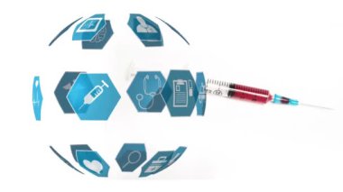 Tıbbi ikonlar ve şırıngalarla birlikte dünyanın animasyonu. Küresel bilim, tıp ve sağlık hizmetleri kavramı dijital olarak üretilen video.