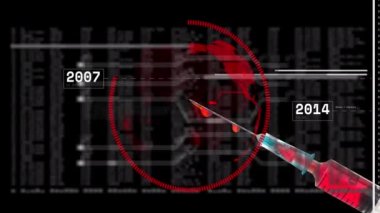 Küre animasyonu, veri işleme ve şırınga. Küresel bilim, tıp ve sağlık hizmetleri kavramı dijital olarak üretilen video.