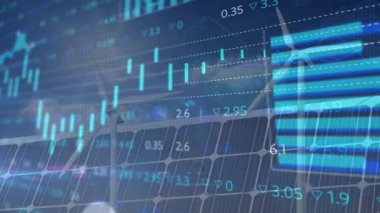 Güneş panelleri ve rüzgar türbinleri üzerinden veri işleme animasyonu. Dijital olarak oluşturulan küresel sürdürülebilirlik, ekoloji ve çevre kavramı.