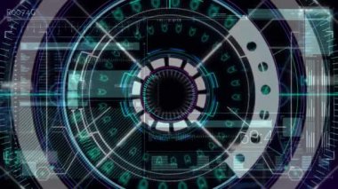 Tarama kapsamı üzerinde veri işleme animasyonu karanlık arka planda. küresel bağlantı, teknoloji, veri işleme ve dijital arayüz kavramı dijital olarak oluşturulmuş video.