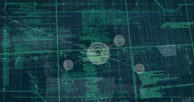 Bilgisayar korsanı üzerinden dijital arayüz ve bağlantı ağının animasyonu. küresel bağlantılar, veri işleme ve dijital arayüz konsepti dijital olarak oluşturulmuş video.