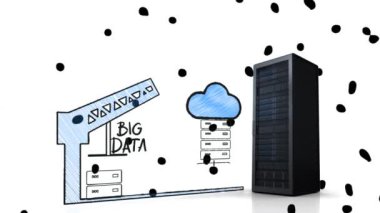 Büyük verilerin animasyonu, ağ şeması ve beyaz arkaplandaki noktalı sunucu. ağ, veri depolama, bulut hesaplama ve teknoloji konsepti dijital olarak oluşturulmuş video.