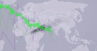 Dünya haritasında şırıngayla veri işleme animasyonu. Küresel bilim, tıp ve sağlık hizmetleri kavramı dijital olarak üretilen video.
