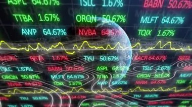 Finansal veri işleme animasyonunun dünya ile kara arka plandaki hali. küresel iş, finans, ekonomi ve teknoloji konsepti dijital olarak oluşturulmuş video.