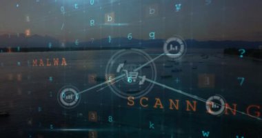 Arazi üzerindeki uyarı metninin ve bağlantı ağının animasyonu. küresel bağlantılar, veri işleme ve dijital arayüz konsepti dijital olarak oluşturulmuş video.