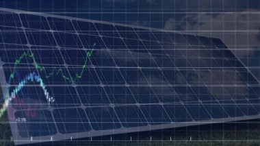 Güneş panelleri üzerinde veri işleme animasyonu. Dijital olarak oluşturulan küresel sürdürülebilirlik, ekoloji ve çevre kavramı.