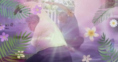 Animation of horoscope zodiac scorpio star sign over senior diverse people practicing yoga. Star signs, horoscope and yoga meditation concept digitally generated video.