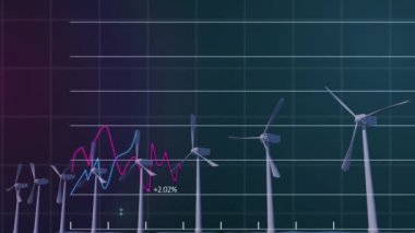 Rüzgar türbinleri üzerinde veri işleme animasyonu. Dijital olarak oluşturulan küresel sürdürülebilirlik, ekoloji ve çevre kavramı.