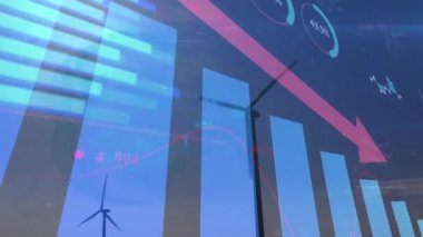Mavi gökyüzünde dönen yel değirmenlerinin istatistiksel verileri. Küresel finans ve yenilenebilir enerji teknolojisi kavramı