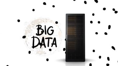 Büyük verilerin animasyonu, ağ şeması ve beyaz arkaplandaki noktalı sunucu. ağ, veri depolama, bulut hesaplama ve teknoloji konsepti dijital olarak oluşturulmuş video.