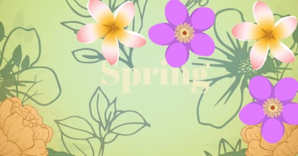 Primavera Banner Texto Flores Ícones Contra Padrão Design Floral Fundo — Vídeo de Stock