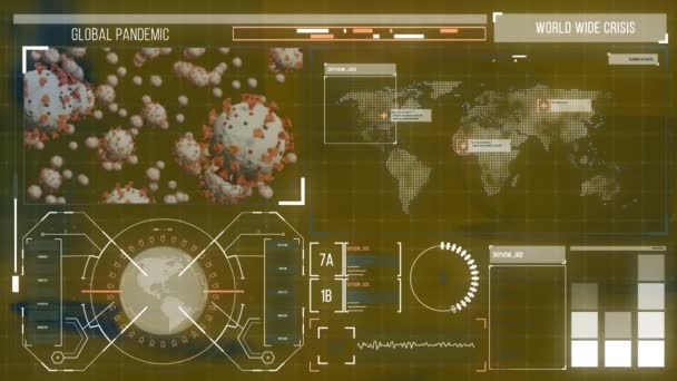 黄色のデジタル画面上の生物学的データやウイルス細胞処理のアニメーション 科学技術とデジタルインターフェースの概念がデジタルで生成されたビデオ — ストック動画