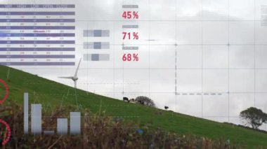 Rüzgar türbini üzerinde veri işleme animasyonu. Dijital olarak oluşturulan küresel sürdürülebilirlik, ekoloji ve çevre kavramı.