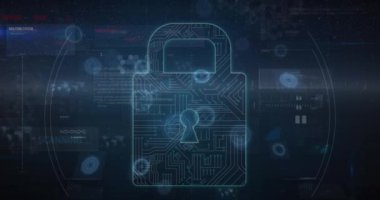 Karanlık arka planda güvenlik kilidiyle dijital arayüzün animasyonu. küresel bağlantılar, veri işleme ve dijital arayüz konsepti dijital olarak oluşturulmuş video.