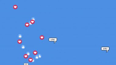 Düşen sosyal medya simgelerinin mavi arka planda canlandırılması. Sosyal medya ve iletişim konsepti dijital olarak oluşturulmuş video.