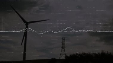 Rüzgar türbini üzerinde veri işleme animasyonu. Dijital olarak oluşturulan küresel sürdürülebilirlik, ekoloji ve çevre kavramı.