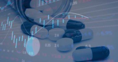 İlaç ve ilaç üzerine veri işleme animasyonu. Küresel bilim, tıp ve sağlık hizmetleri kavramı dijital olarak üretilen video.