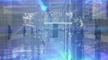 Sunucu odasında dijital arayüzün animasyonu. küresel bağlantılar, veri işleme ve dijital arayüz konsepti dijital olarak oluşturulmuş video.