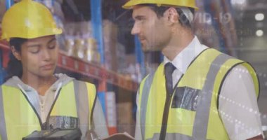 Depoda çalışan farklı insanların istatistik ve veri işleme animasyonları. küresel nakliye, iş ve veri işleme kavramı dijital olarak oluşturulmuş video.