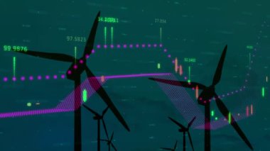 Dünya haritası ve rüzgar türbinleri üzerinde veri işleme animasyonu. Dijital olarak oluşturulan küresel sürdürülebilirlik, ekoloji ve çevre kavramı.