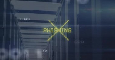 Boş bilgisayar sunucu odasına karşı metin ve mikro işlemci bağlantılarını kopyalamak. Siber güvenlik ve iş veri depolama teknolojisi kavramı