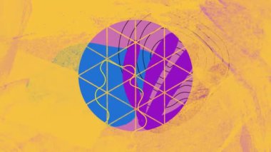 Sarı ve mor arkaplan üzerinde daire çizen mavi ve mor şekillerin animasyonu. renk, patern ve hareket, konsept dijital olarak oluşturulmuş video.
