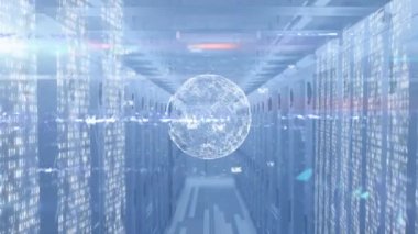 Sunucu odasında dijital arayüzün animasyonu. küresel bağlantılar, veri işleme ve dijital arayüz konsepti dijital olarak oluşturulmuş video.