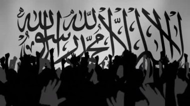 Taliban bayrağının kaldırılmış insanların üzerinde canlandırılması. Bayraklar ve coğrafya konsepti dijital olarak oluşturulmuş video.
