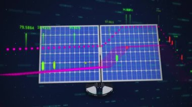 Güneş panelleri üzerinde veri işleme animasyonu. Dijital olarak oluşturulan küresel sürdürülebilirlik, ekoloji ve çevre kavramı.