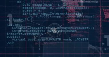 Bilgisayar korsanı üzerinden dijital arayüz ve bağlantı ağının animasyonu. küresel bağlantılar, veri işleme ve dijital arayüz konsepti dijital olarak oluşturulmuş video.