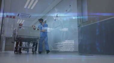 Animation of digital interface over biracial male doctor wearing face mask. global medicine, healthcare services during covid 19 pandemic concept digitally generated video.