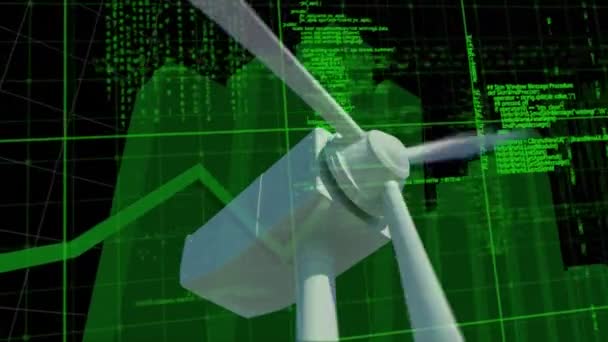 Animación Del Procesamiento Datos Con Línea Verde Estadísticas Turbina Eólica — Vídeos de Stock