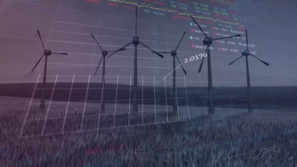 Informatieverwerking Beurs Tegen Windmolens Grasland Computerinterface Concept Van Hernieuwbare Energietechnologie — Stockvideo