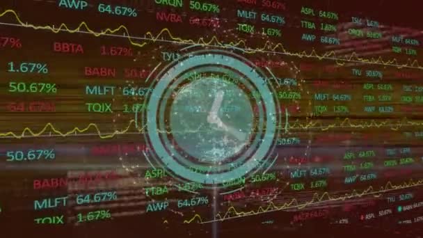Animação Relógio Movendo Rapidamente Sobre Processamento Dados Financeiros Conceito Global — Vídeo de Stock