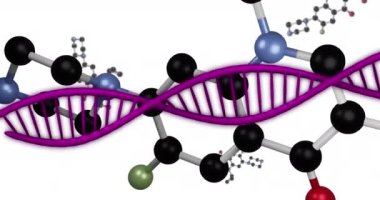 Beyaz arka planda dönen DNA ve moleküler yapıların dijital animasyonu. Tıbbi araştırma ve bilim teknolojisi kavramı