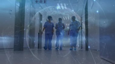 Animation of digital data interface over three diverse doctors. global medicine, technology, data processing and digital interface concept digitally generated video.