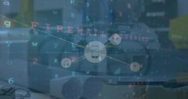 Ofis üzerinden uyarı metni ve bağlantı ağının animasyonu. küresel bağlantılar, veri işleme ve dijital arayüz konsepti dijital olarak oluşturulmuş video.