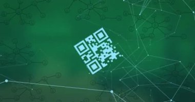 Bir qr kod tarayıcısı üzerinde yeşil arkaplan ile bağlantı ağı üzerinde arıza efekti. Küresel ağ ve teknoloji kavramı