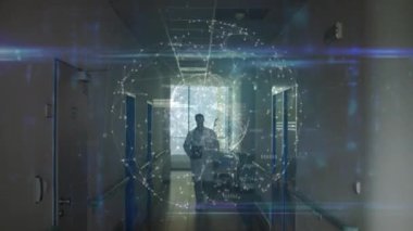 Kafkas erkek doktor üzerinde dijital veri arayüzü animasyonu. küresel tıp, teknoloji, veri işleme ve dijital arayüz kavramı dijital olarak oluşturulmuş video.