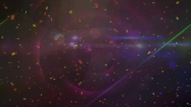 Karanlık arka planda parlayan ışıkların üzerine düşen konfeti animasyonu. müzik ve eğlence konsepti dijital olarak oluşturulmuş video.